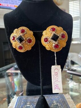 Gold-Tone Earrings with Ruby Red and Black Stones